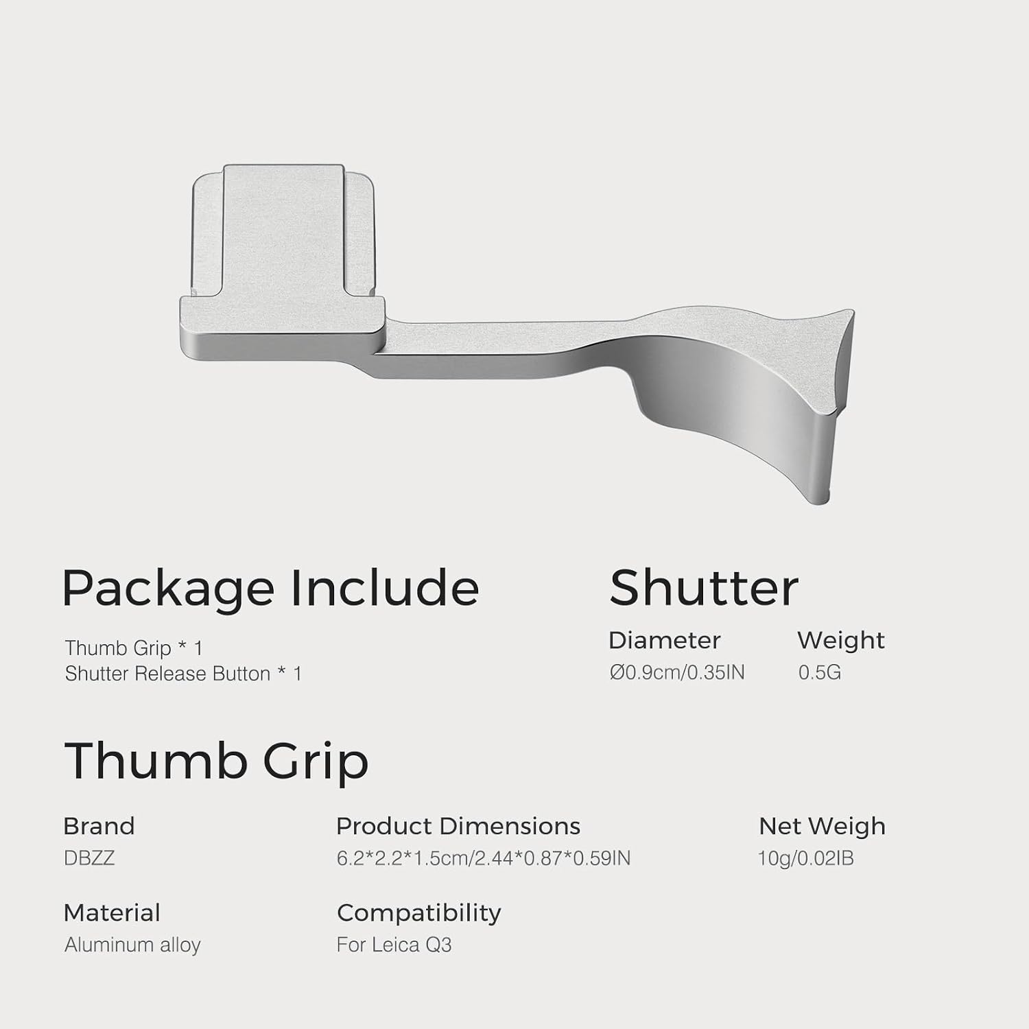 Metal Thumb Grip with Hot Shoe Cover for Leica Q3, Q3 (43) Camera Hot Shoe Thumb Hand Grip Photography Accessories (Silver)
