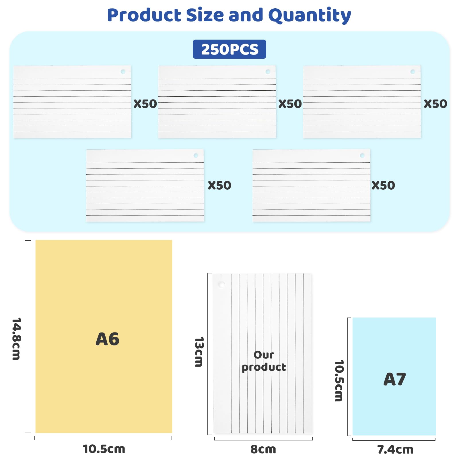 250Pcs Lined Index Cards with Tabs & 3 Metal Rings, Ruled Revision Record Card Flashcards for Study Classroom - Image 4