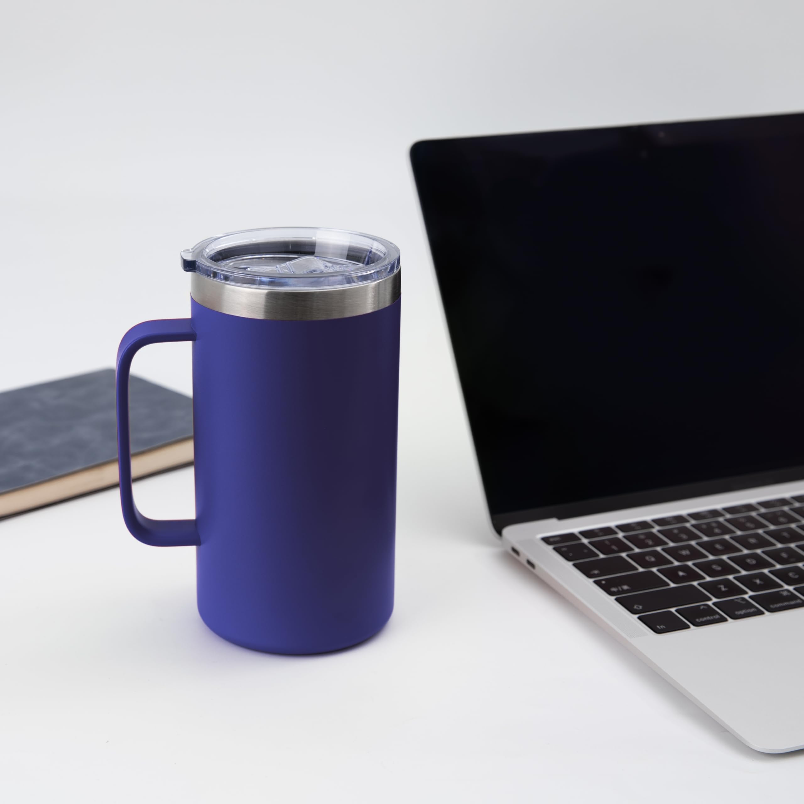 DOMICARE Taza de café de acero inoxidable de 24 onzas con asa y tapa, taza de viaje con asa, vaso de café al vacío de doble pared, taza aislada reutilizable, azul oscuro, paquete de 8