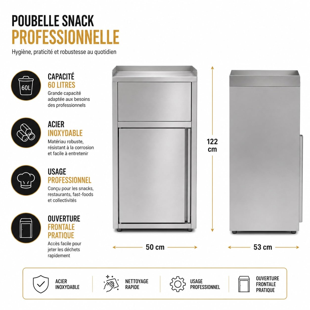Générique Poubelle Snack Inox Professionnelle 60L – Ouverture Frontale – Acier Inoxydable – Fast Food, Restaurant, Collectivité – 500x530x1200 mm