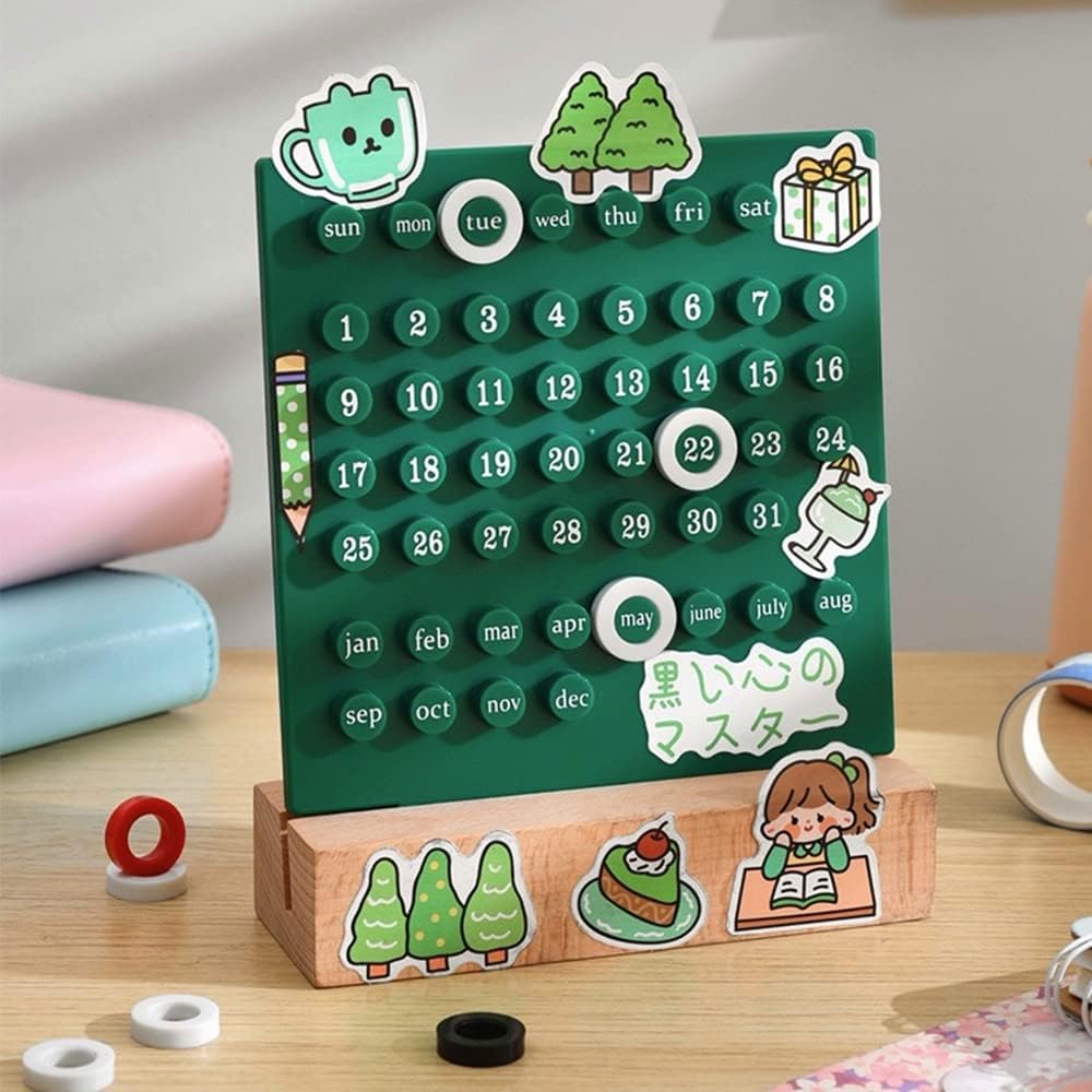 Wooden Desk Calendar - Perpetual Planner Calendar with DIY event stickers - Unique Gifts,Month Date Display, Desk Decorations for Office, Desk Accessories Aesthetic, Cute Desk Decor (Green)