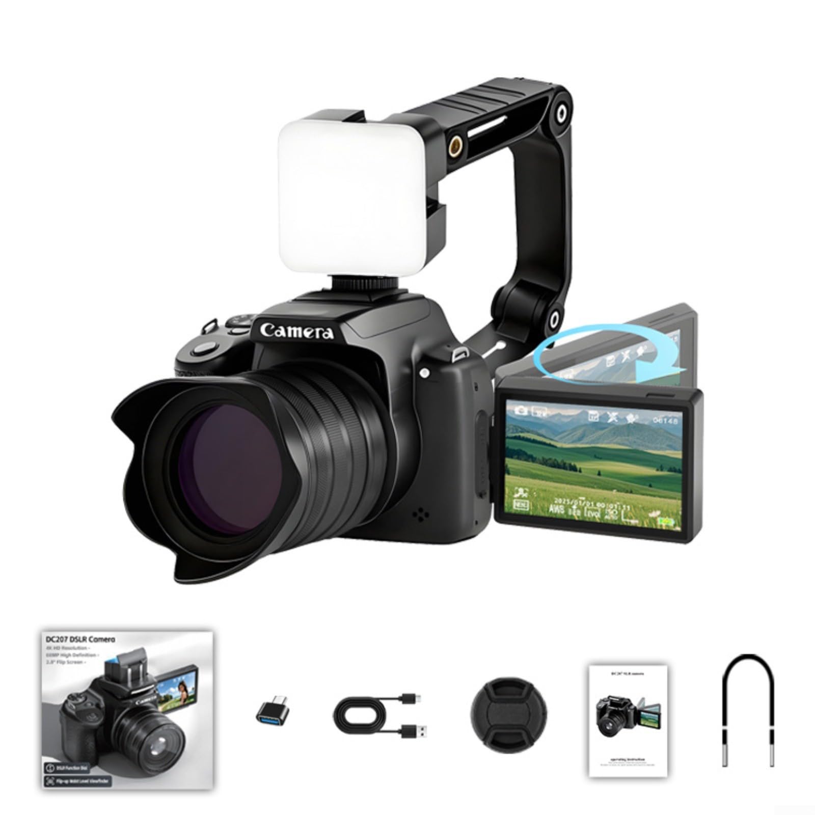 Fotocamera digitale da 68 MP con video 4K 60 FPS, zoom 28X e schermo flip per vlogging selfie, HD ricaricabile di tipo C per kit videocamera (specchio polarizzatore fotocamera)