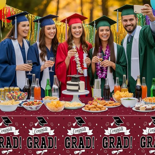 Image of 2Pcs Graduation Decorations 2026, 108 inch X 54 inch Maroon Graduation Tablecloths, Rectangle Table Covers for Class of 2026 Congrats Grad, Disposable Plastic Tablecover for Grad Decor Party Supplies for Kids