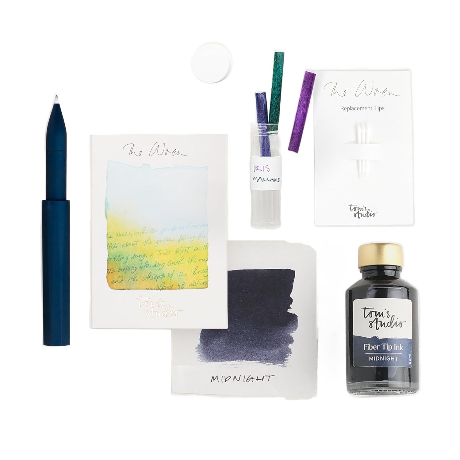 Tom's Studio Refillable Wren Pen Bundle (Midnight) | 1 x 50ml Fiber Tip Ink (Midnight), 3 x Wren Tips, 3 x Spare Reservoirs & 1 x Reservoir Container | Luxury Gift for Artists & Calligraphy Lovers