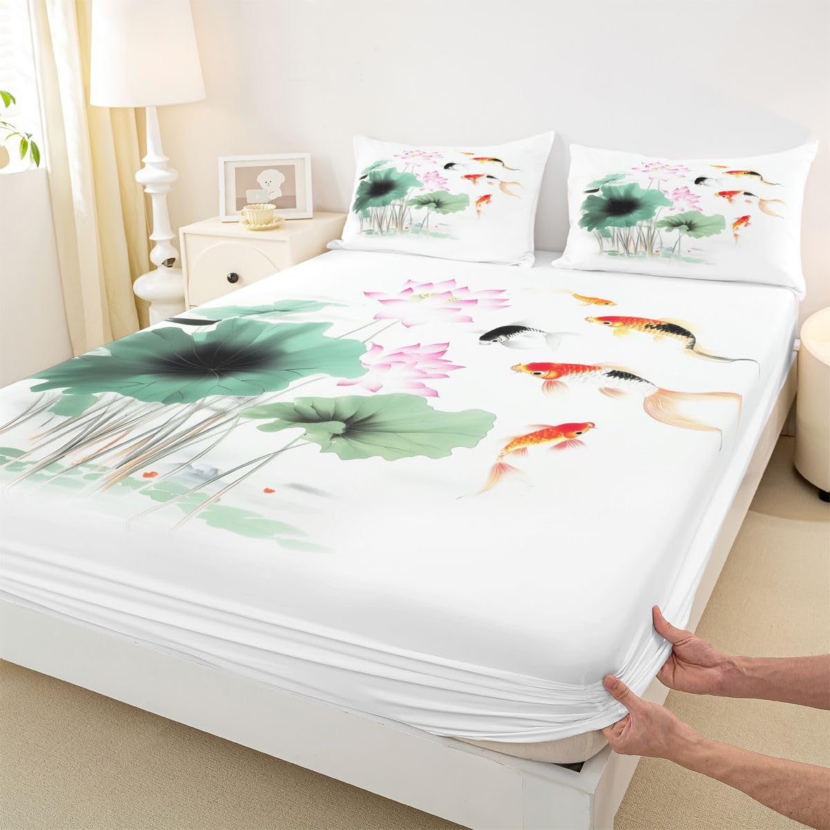 Manfei Sábana bajera ajustable de 3 piezas, diseño de pez koi japonés, hojas de flor de loto, sábanas vintage con pintura al óleo y 2 fundas de almohada, decoración de habitación de niños y niñas
