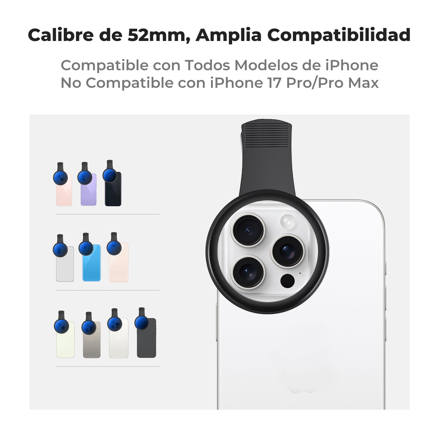 K&F Concept 52mm Clip-on Filtro ND2-400 para Teléfono,Filtro Variabile ND2–400, Teléfono Móvil Lente de Densidad Neutra con Clip Compatible con iPhone 16 15 Pro MAX 14 13 12 11