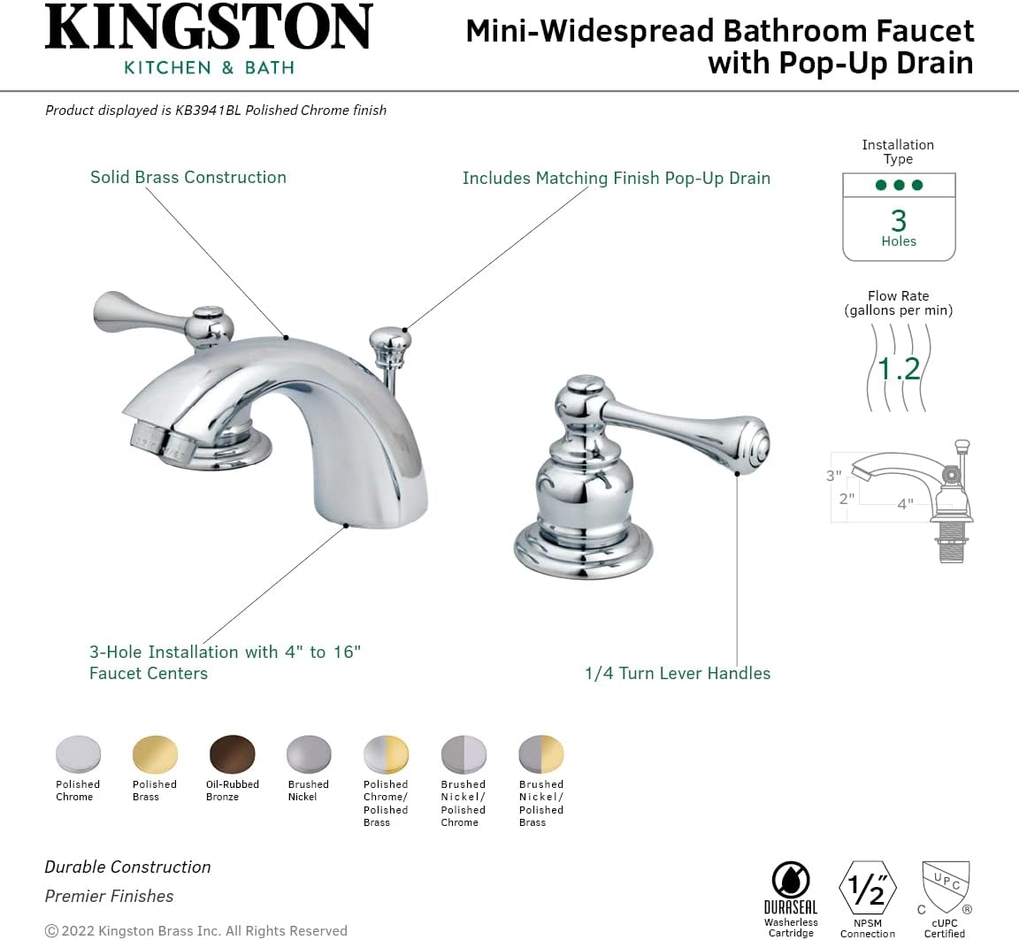 Kingston Brass KB3942BL Vintage Classic Mini Widespread Lavatory Faucet, Polished Brass