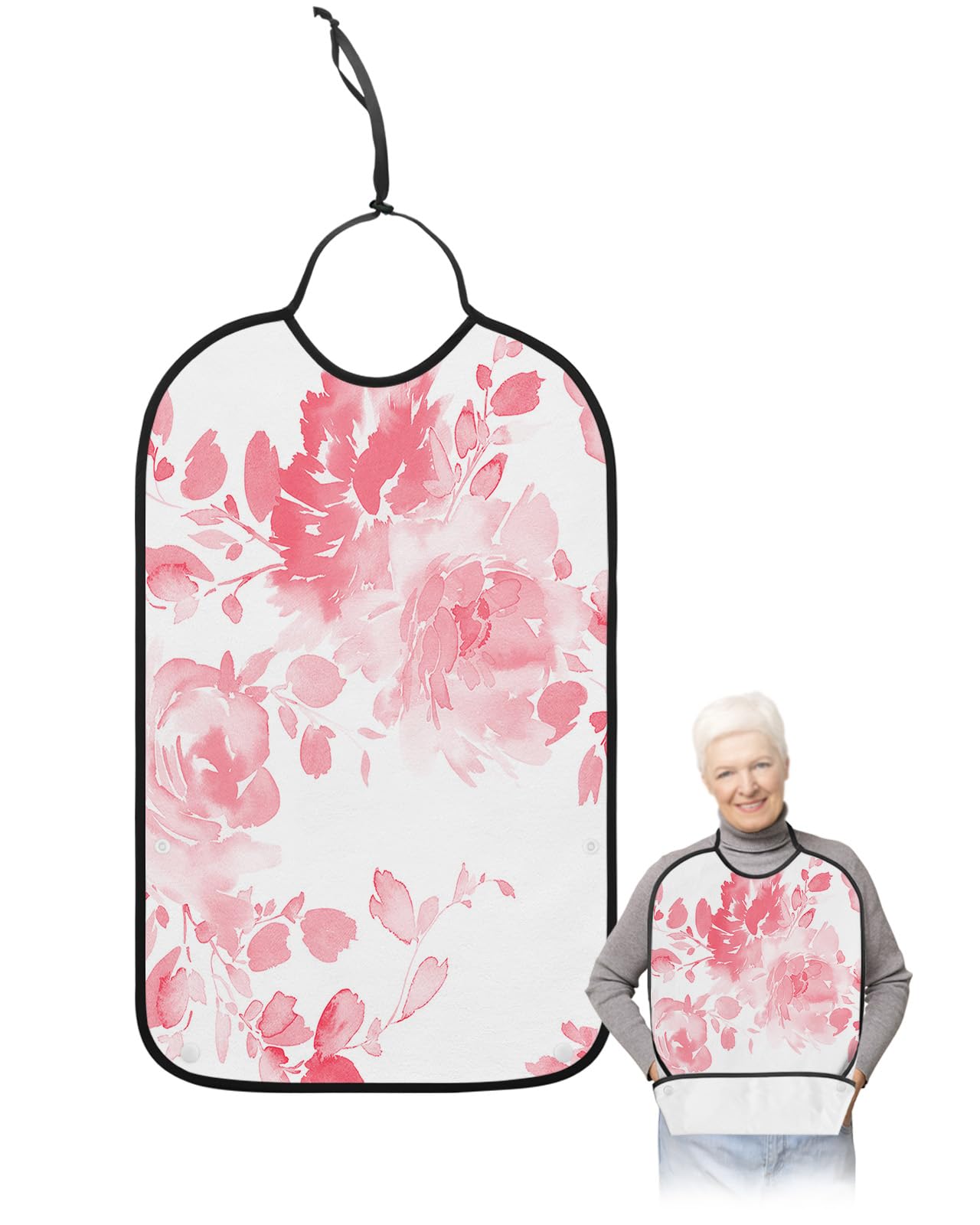 LEOKOTI Pink Botanical Adult Bibs for Eating, Waterproof Bibs with Food Catcher & Snap Closure, Watercolor Pink Spring Floral Abstract Art Washable Clothing Protectors Adult Bibs for Elderly