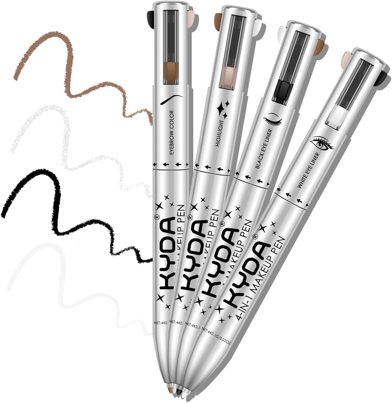 4-in-1 On-The-Go Travel Makeup Pen - Eyeliner in Black & White, Eyebrow Pencil in Brown, Highlighter - Smooth Glide, Easy Carry