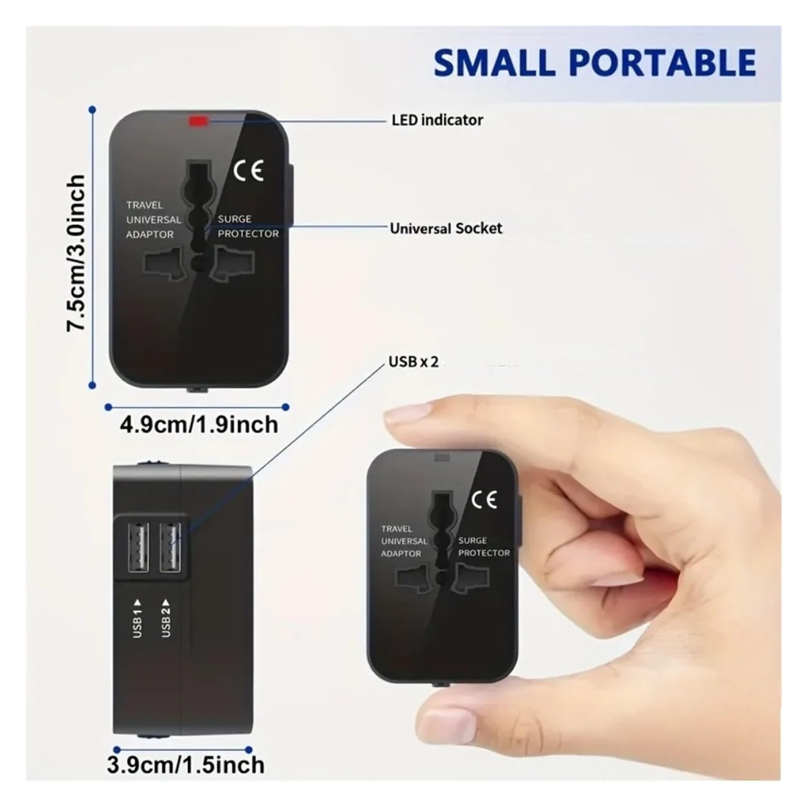 Adattatore CA da viaggio universale, presa EU/US/UK/AU con doppia USB(USB and Type c Ports)