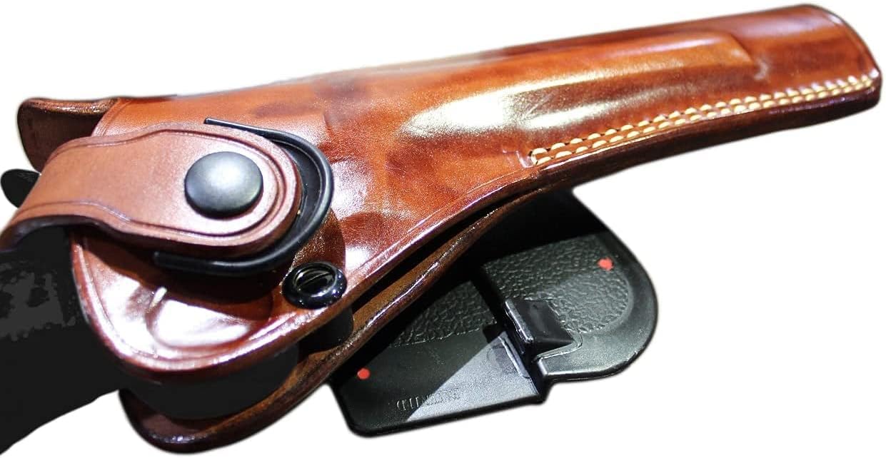 Masc OWB Leather Paddle Revolver Holster with Retention Strap, Fits Super Blackhawk .44 Mag Old Style T-Guard (Square) 7.5-inch, Right Hand Draw, Brown #1455#