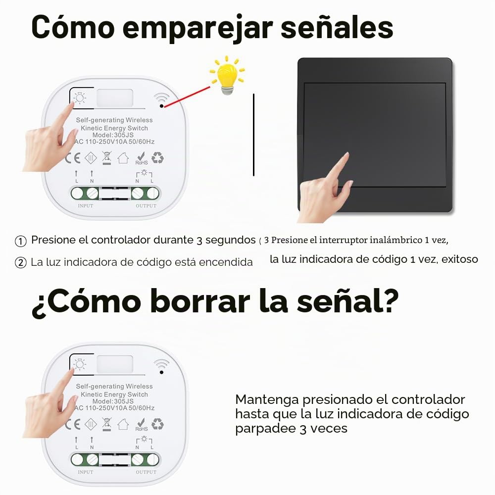 interruptor inalámbrico cinético negro RF interruptores inalámbricos de control simple y doble sin batería mando a distancia radio interruptor inalámbrico (Negro 1Gang 1V1 EU)