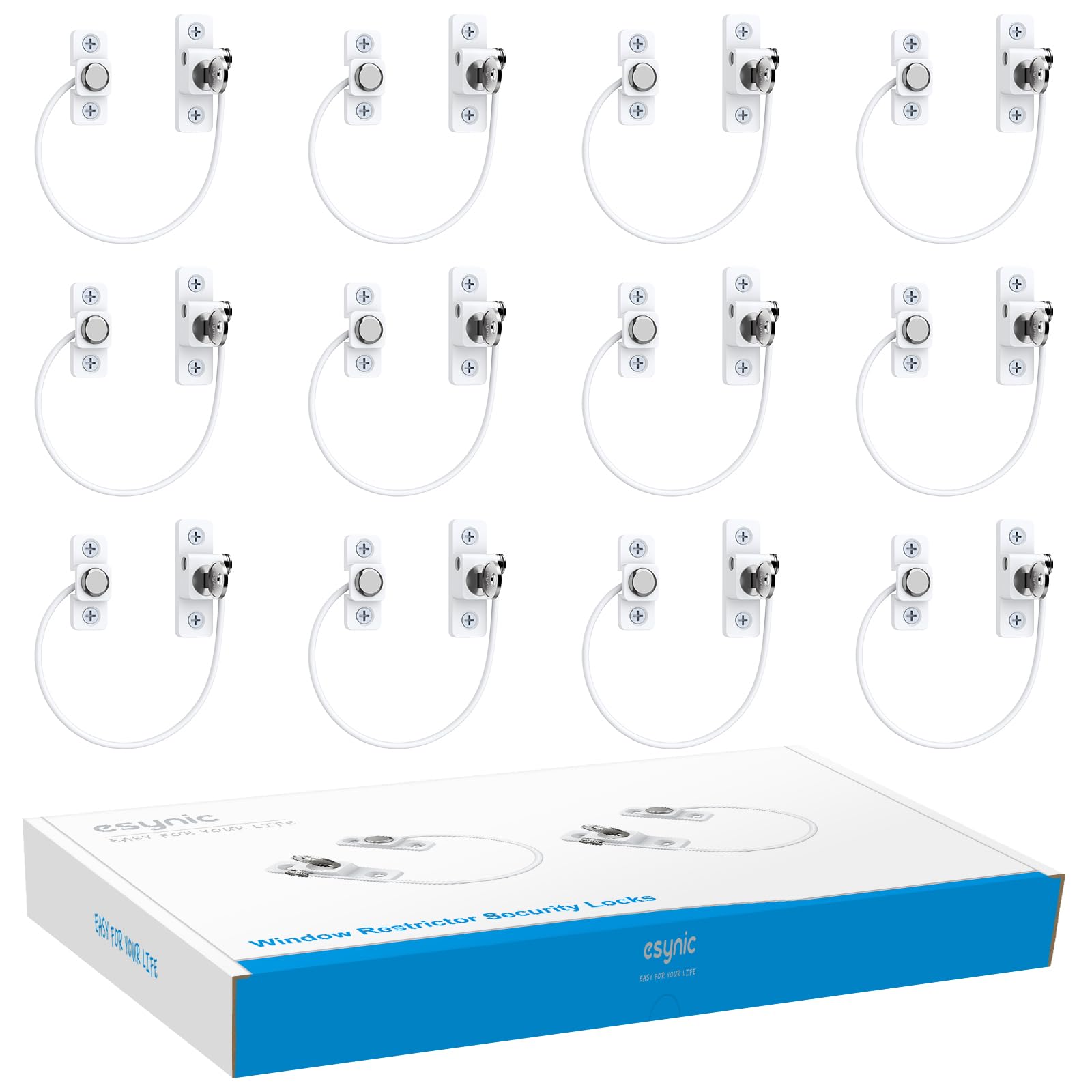 eSynic 12Pack Window Locks Child Safety Window Restrictor for UPVC with Key 185mm/7.3 Inch Long Cable Window Safety Restrictors Reliable Window Security Locks Perfect for UPVC PVC Wooden Window