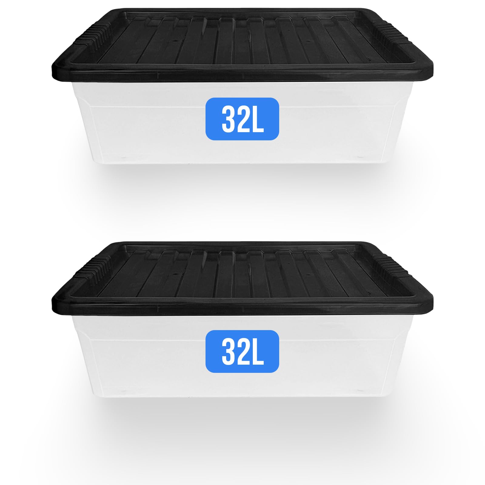 KAPCO 32 Litre Underbed Storage Box with Lid (Set of 2) - Medium Clear Plastic Containers for Bedroom, Shoe, Toy, Craft, Kitchen, Office - Stackable Organiser Set | Made in U.K