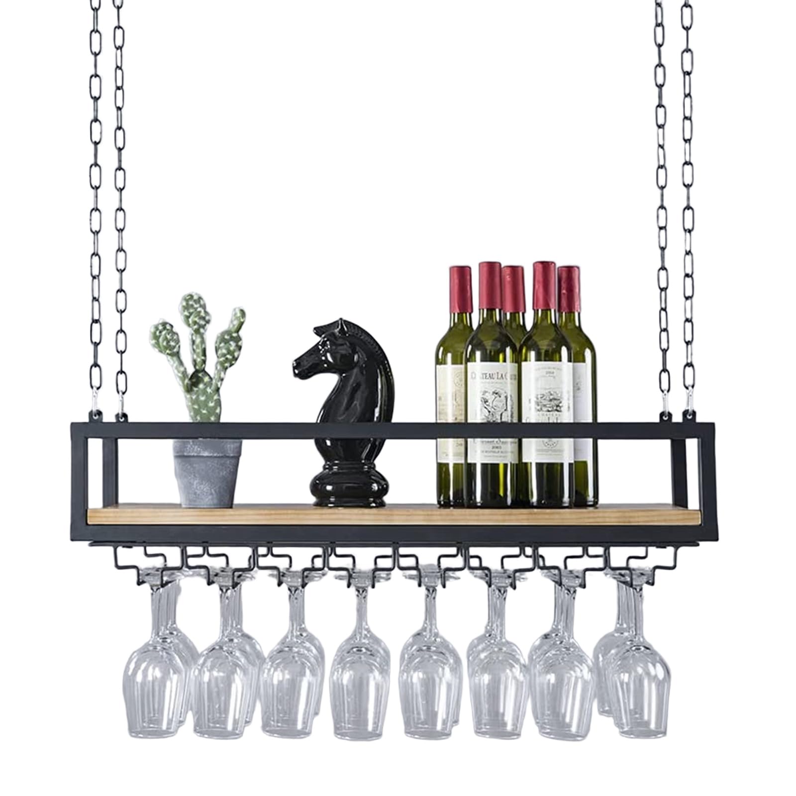 Portabottiglie Vino Sospeso con Portabicchieri, Industriale Porta Bottiglie Vini per Montaggio a Soffitto, Bancone bar et Cucina Espositore Portavino con 4 Ferro Bastoncini Catena (80cm)
