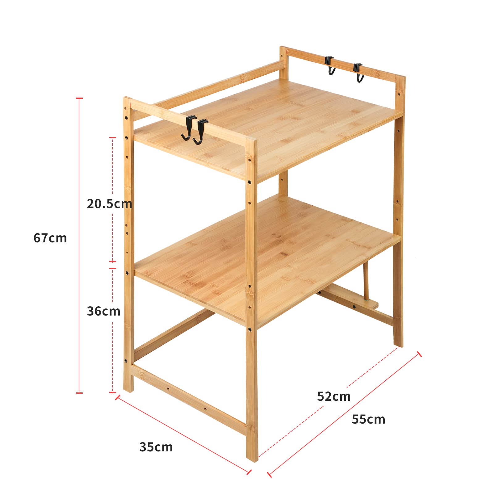 Cuisine Micro-Ondes Rack, Support Micro-Ondes en Bois, Étagères de Cuisine Ajustable Etagere Rangement,avec 4 Crochets (52 * 37 * 65cm)