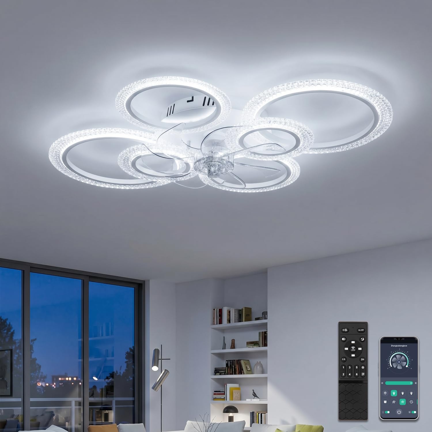 Ventilatore da Soffitto con Luce LED Dimmerabile, Plafoniera Moderna 88cm con Pale Trasparenti e Telecomando/App, Motore DC Silenzioso Reversibile per Camera da Letto, Soggiorno e Cucina