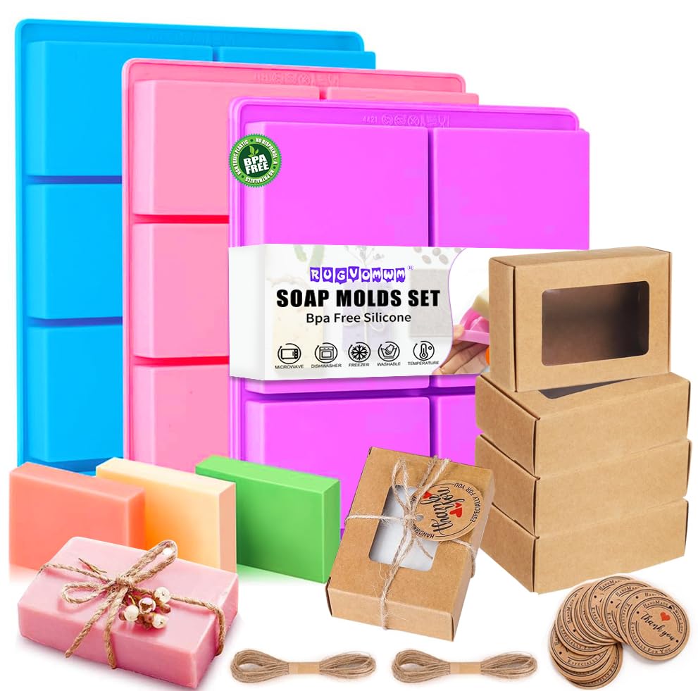 Silicone Soap Molds, 6 Cavities DIY Handmade Soap Moulds - Cake Pan Molds for Baking, Biscuit Chocolate Mold, Silicone Soap Bar Mold for Homemade Craft, Ice Cube Tray -Blue, Pink, Purple