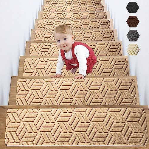 BesWin Non Slip Stair Treads for Wooden Steps, 8" X 30" (15-Pack), Indoor Carpet Stairs Runner with Self Adhesive, Reusable Stair Rugs for Elders, Kids and Dogs, Machine Washable, Beige