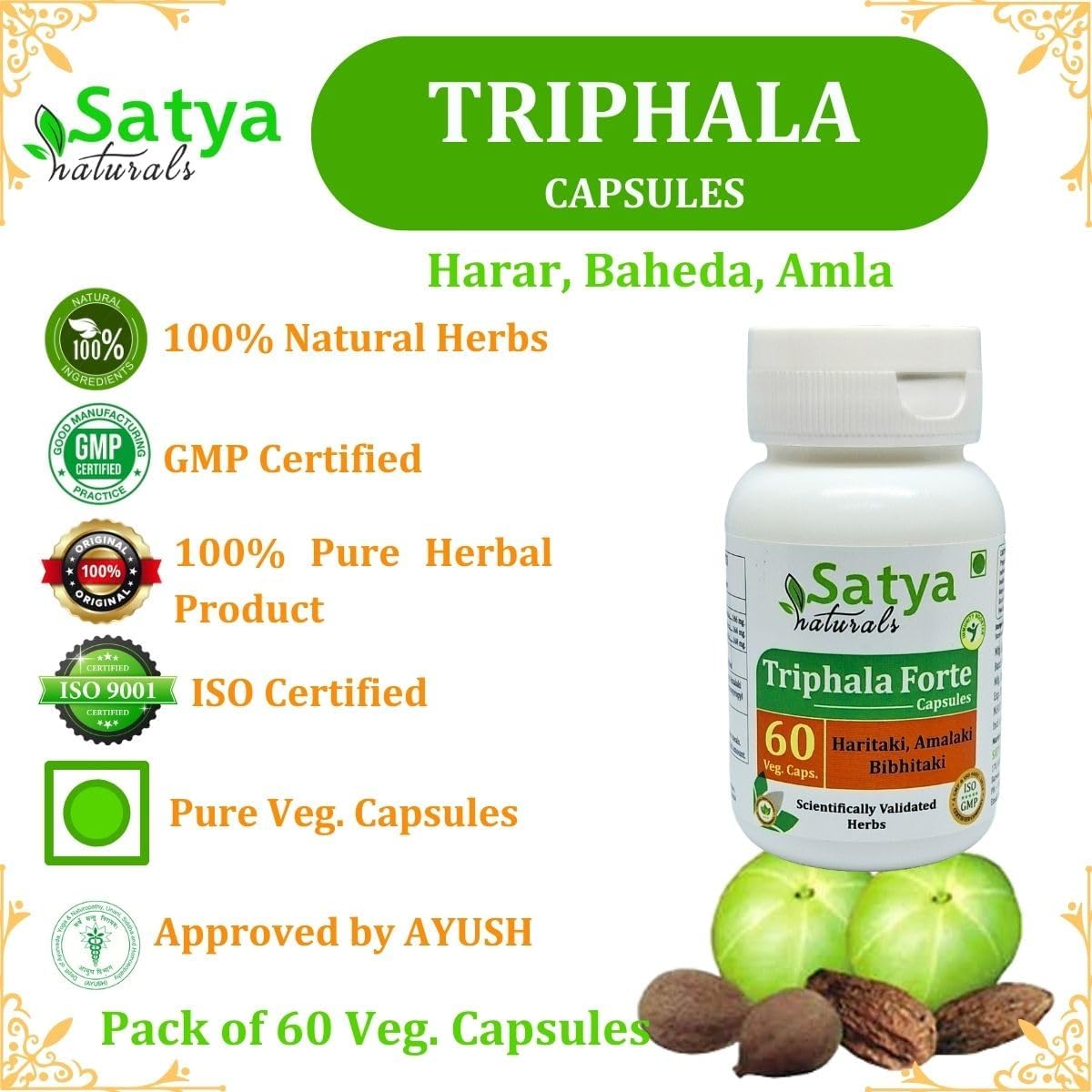 Triphala Forte Capsules 500 mg. 60 Veg. Capsule | Amalaki, Haritaki, Bibhitaki Extract Capsules for Men and women | Ayurvedic Herbal Supplement/Remedies | 10:1 Forte (4 Bottles of 60 Capsules)