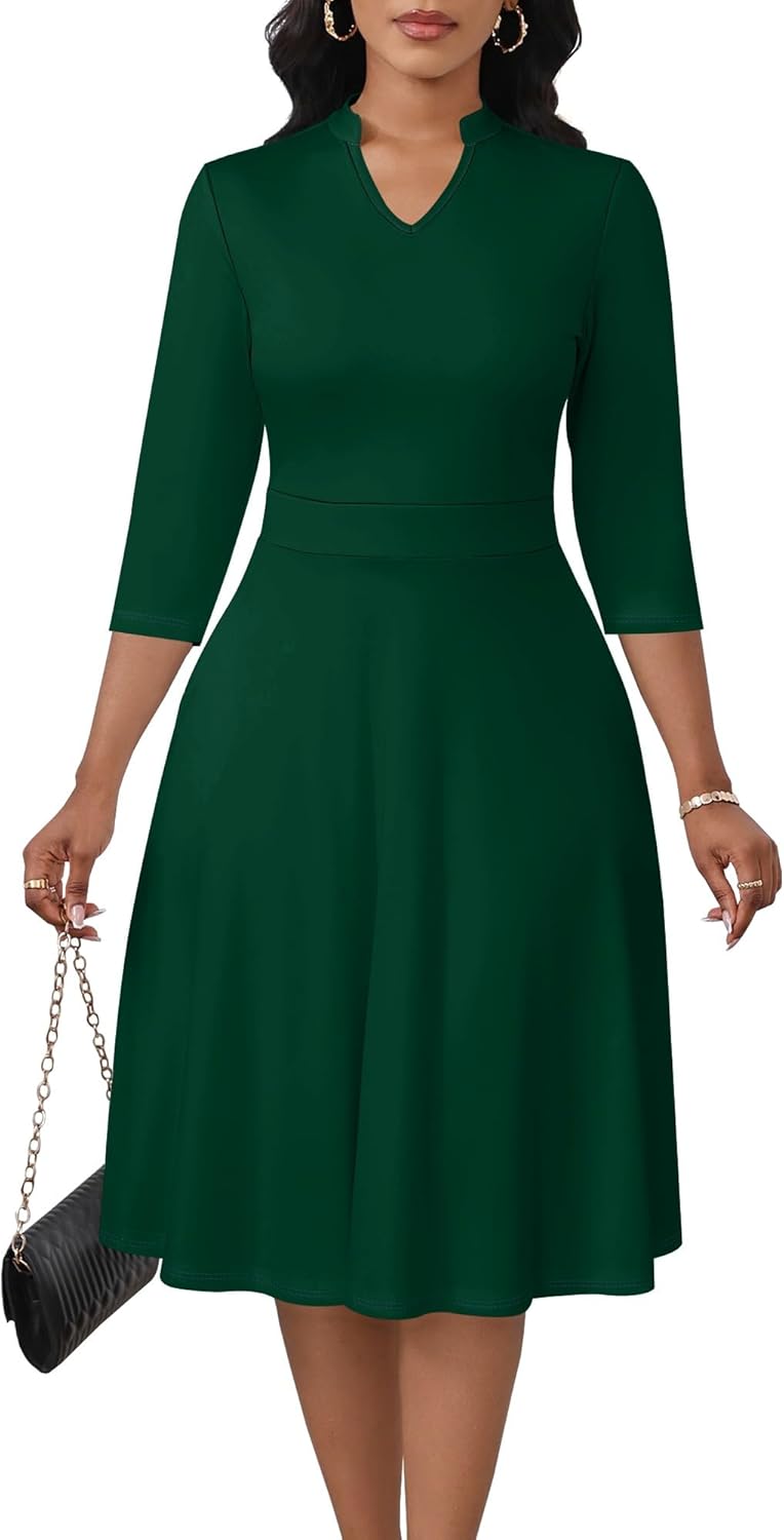 PinkPatty Women's Casual A-line Midi Dresses 3/4 Sleeve V Neck Fit and Flare Dress with Pockets