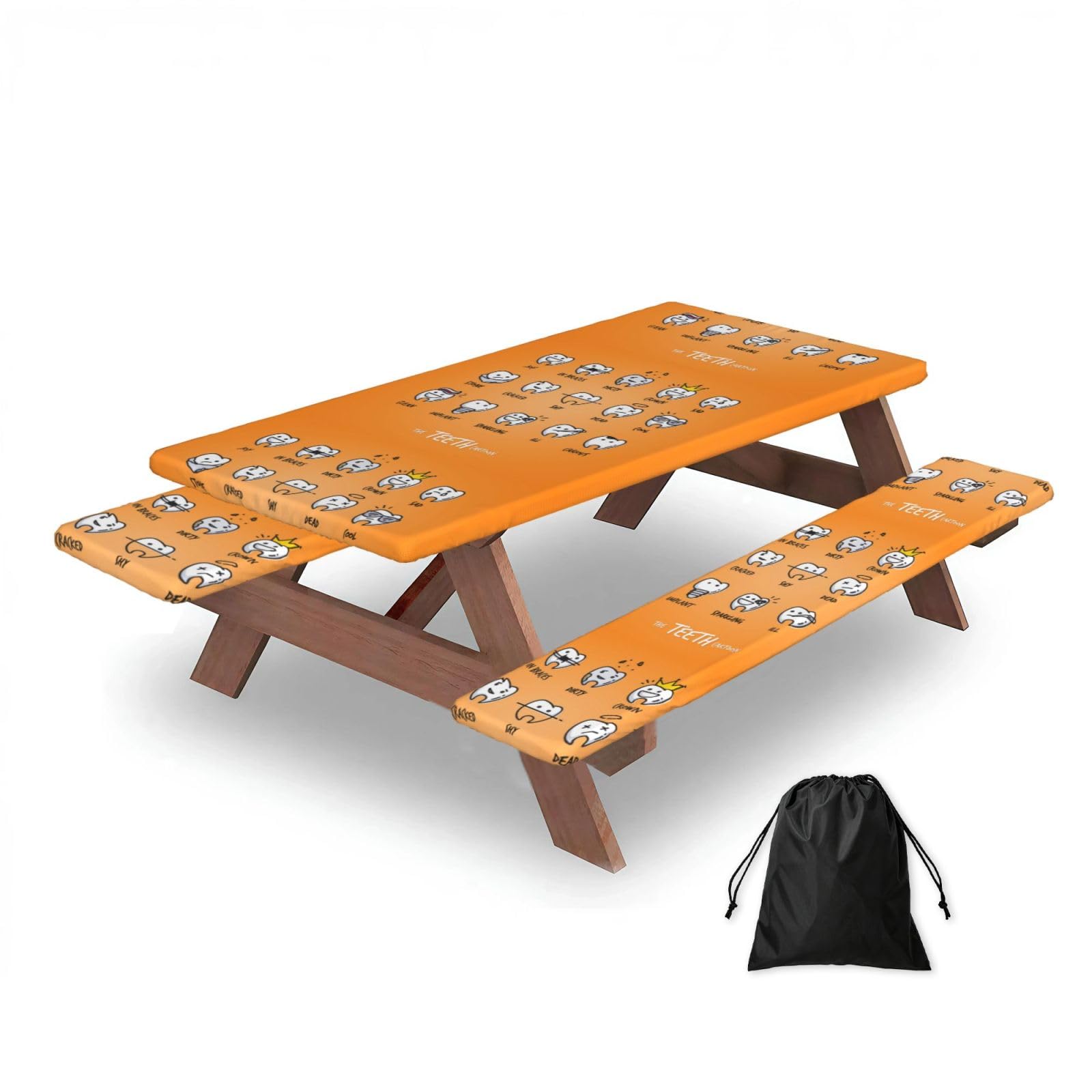 Dopklna As Picture Cute Cartoon Teeth, Picnic Table Cover With Bench Covers -Waterproof Elastic Fitted Tablecloth For Garden Camping Patio 76X152cm