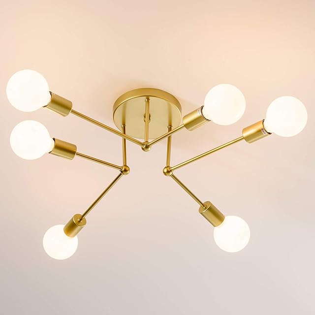 SOZOMO Modern Sputnik Chandelier, 6-Lights Semi Flush Mount Ceiling Light, Modern Ceiling Lights for Bedroom, Gold.
