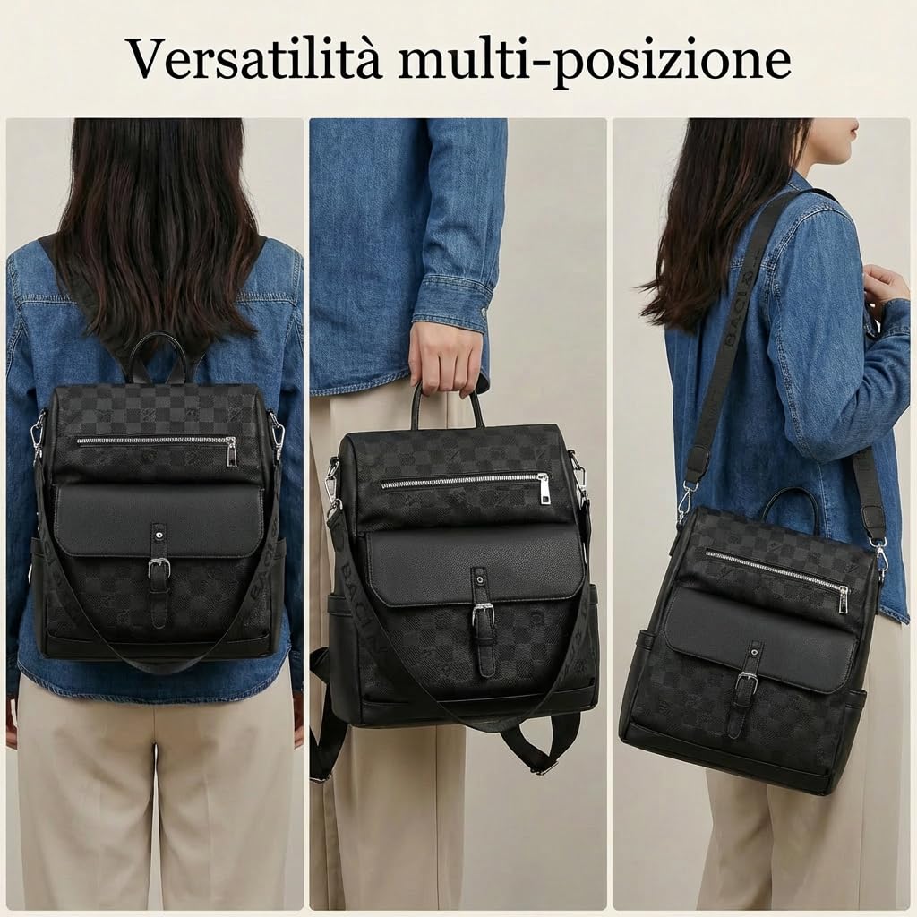 Zaino Donna Grande Capacità in Pelle PU Martellata con Motivo a Scacchi, Borsa Zainetto Multifunzionale con Tracolla Rimovibile, Zaino Moda per Università e City Walk,Nero