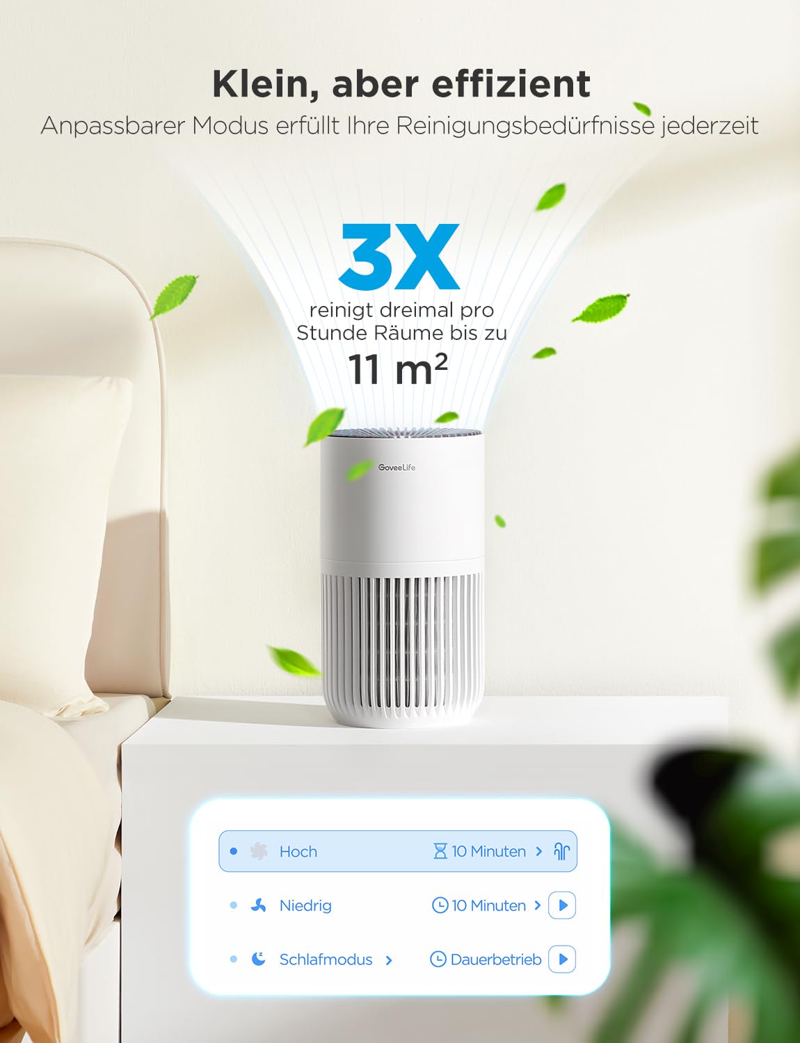 GoveeLife Mini-Luftreiniger fürs Schlafzimmer, intellig. HEPA-Filter mit Alexa-App-Steuerung gegen Tierhaare, Gerüche, Pollen, Rauch, Tragb. Luftreiniger mit 3 Geschwindigkeiten, 2 Modi, Timer, Aromen