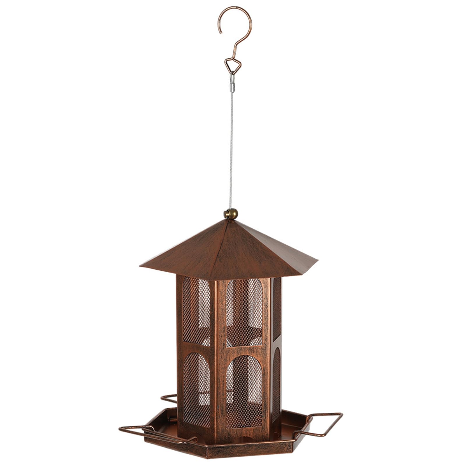 Mangiatoia per uccelli in rete per l ' alimentazione degli uccelli selvatici, supporto per alimenti sospeso con tetto e vassoio per trespolo per alberi da giardino o da patio, 19 cm / 7, 48 X 25