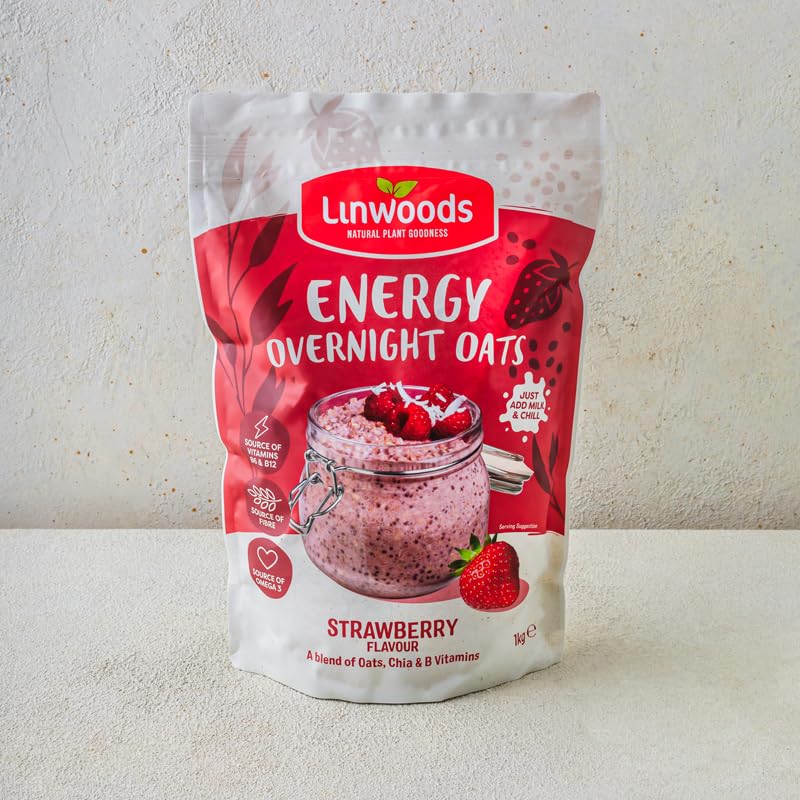 Linwoods (1x 1KG) Strawberry Energy Overnight Oats | Gluten Free Oats | Healthy Plant Based Breakfast