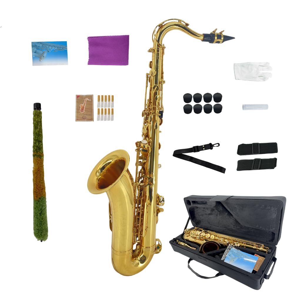Yinfente B Flat Tenor Saxophone Beginner Kit- Bb Tenor Sax Professional Complete Student Set with Hard Case,Reeds,Cleaning Cloth,Neck Straps,
