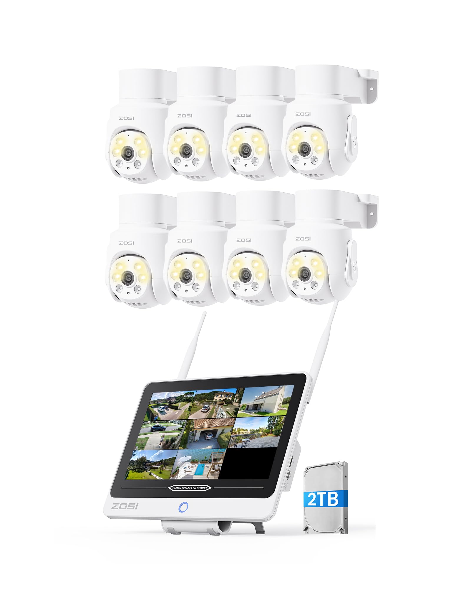ZOSI 5MP WLAN Überwachungskamera Set mit 12-Zoll Monitor, 8CH 2TB NVR, 360° Schwenk-Neige, KI Personenerkennung & -verfolgung, Farbnachtsicht, Innen und Außen