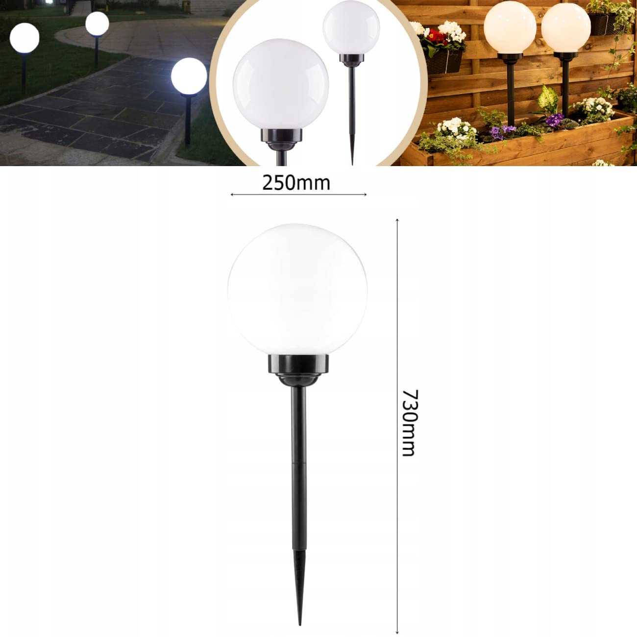 1 sfera solare per il giardino, sfera luminosa, a energia solare, sensore crepuscolare, lampada da giardino, lampada da esterni, lampada a stelo a LED, IP44, luce bianca fredda, 6500 K, con