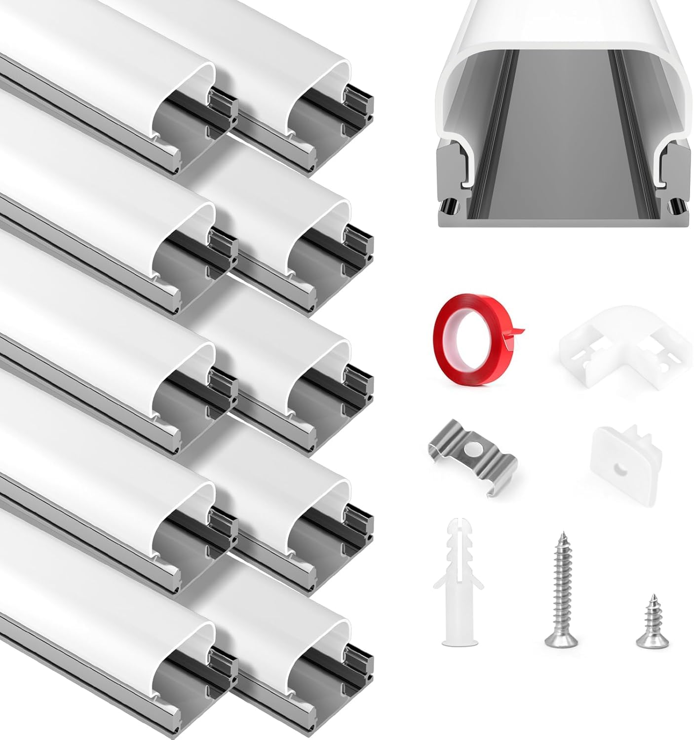 HOMMAND Perfil Aluminio Tira LED, 10 Pack 1m Perfil de Aluminio para LED Forma de U Altura añadida, Canal de aluminio LED, con Conector de Esquina, Adhesivo, Tapas finales, Clips de Montaje