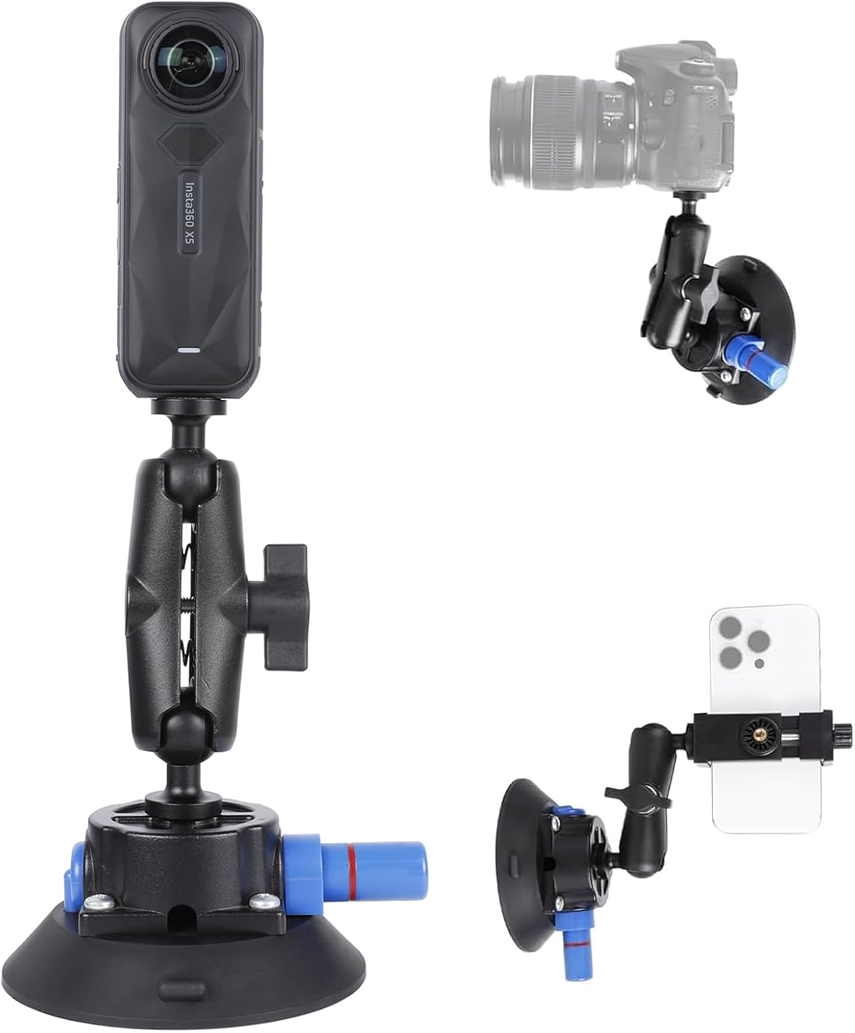 PellKing Camera Vacuum Suction Cup Mount Compatible with Insta360 X5/X4/X3,GoPro Series and DSLR Camera,iPhone 16/15/14/13/12 Series,3.94” Double Ball Head Magic Arm 4.5" Air Pump Vacuum Suction Cup