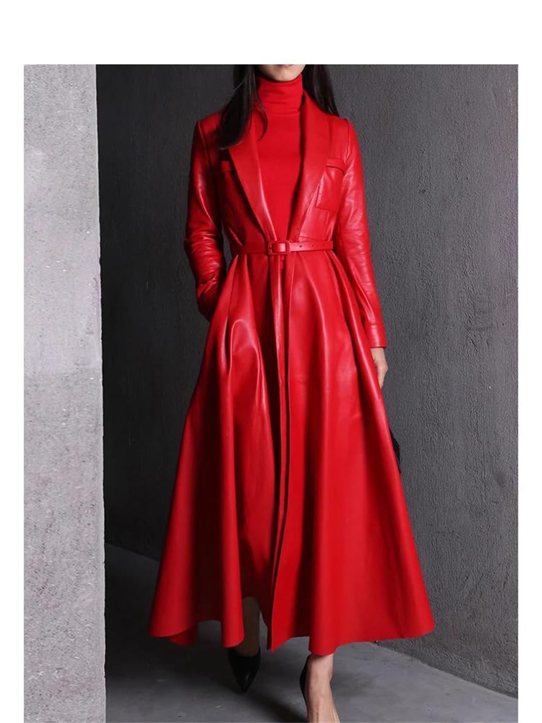 Lmtossey Trench lungo gonna donna rosso/maxi pelle PU elegante soprabito
