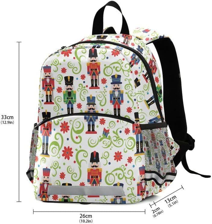 QUGRL Christmas Nutcracker Floral Toddler Backpack for Boys Girls Kids School Backpack with Chest Strap Leash Preschool Schoolbag Nursery Kindergarten Bag for Daycare Travel Hiking School