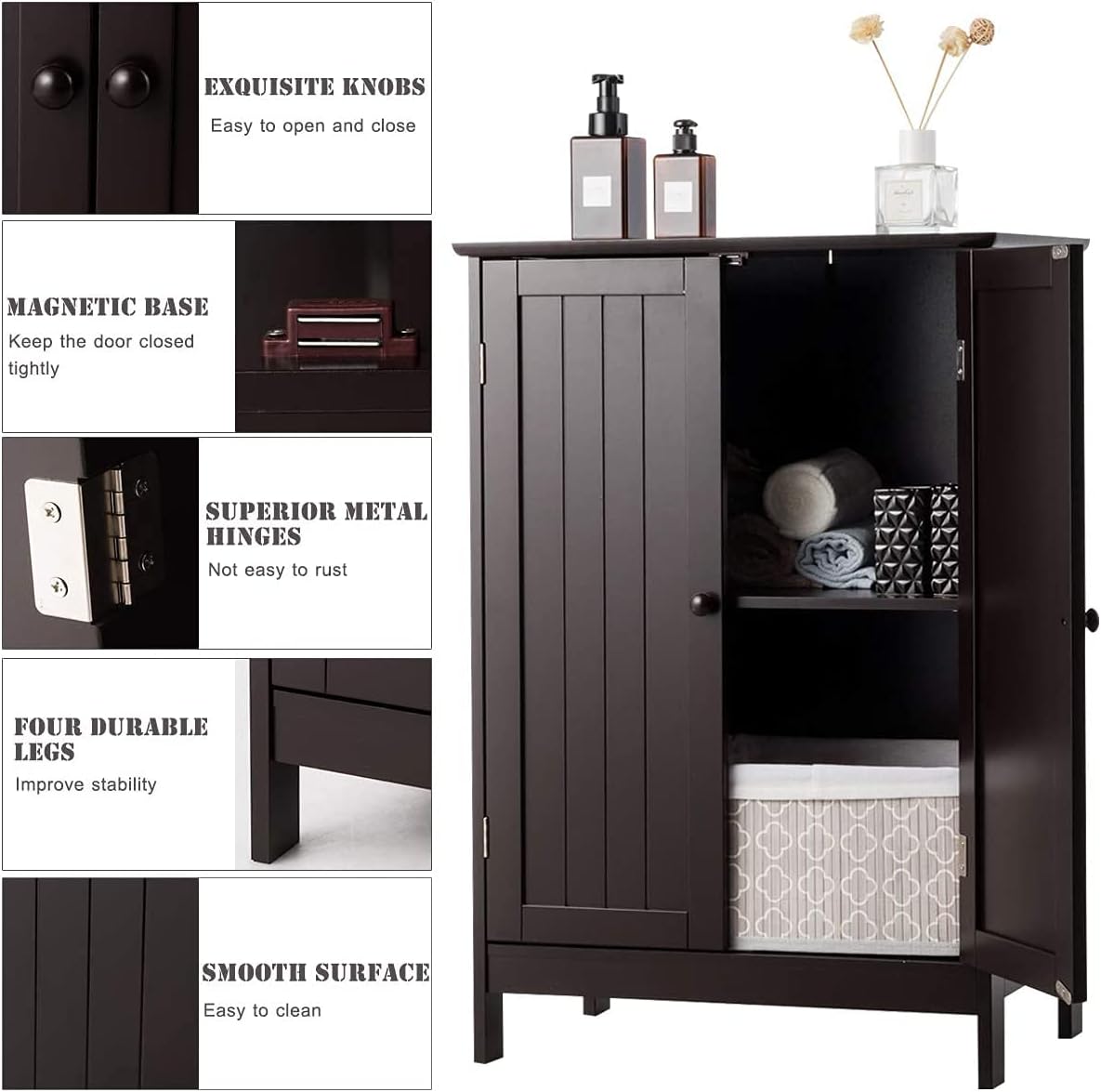 LDAILY LUARANE Bathroom Floor Cabinet, Wooden Floor Storage Cabinet with Double Doors, Simple Double Storage Cabinet, Suitable for Kitchen, Bathroom, 23.5 x 14 x 34 inches (Brown)