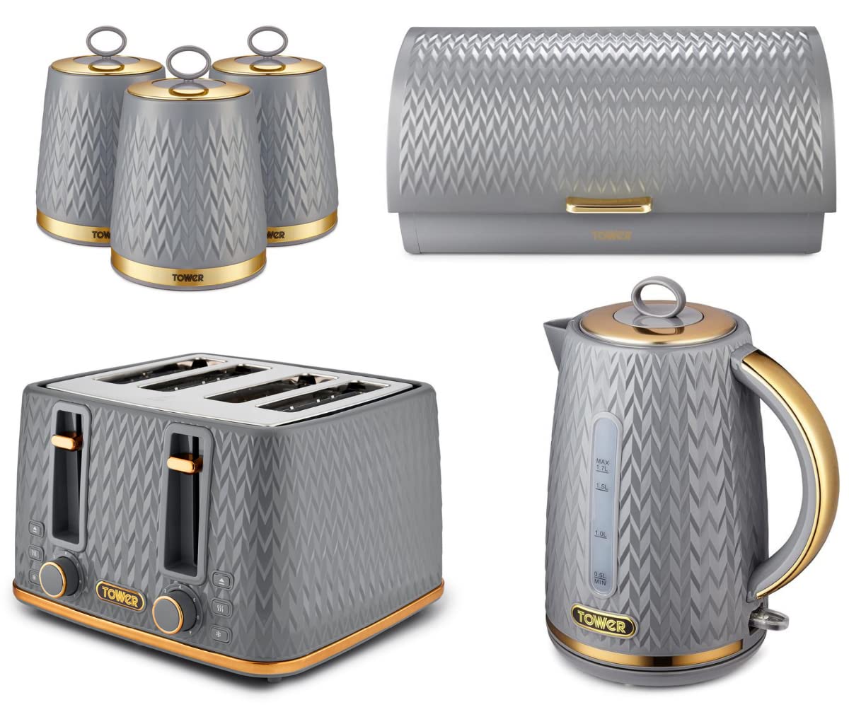 TOWER Empire Grey Kitchen Set Including Jug Kettle, 4 Slice Toaster, Bread Bin & Set of 3 Tea, Coffee & Sugar Canisters. Matching Art Deco Design Kitchen Set of 6 Items in Grey with Brass Accents