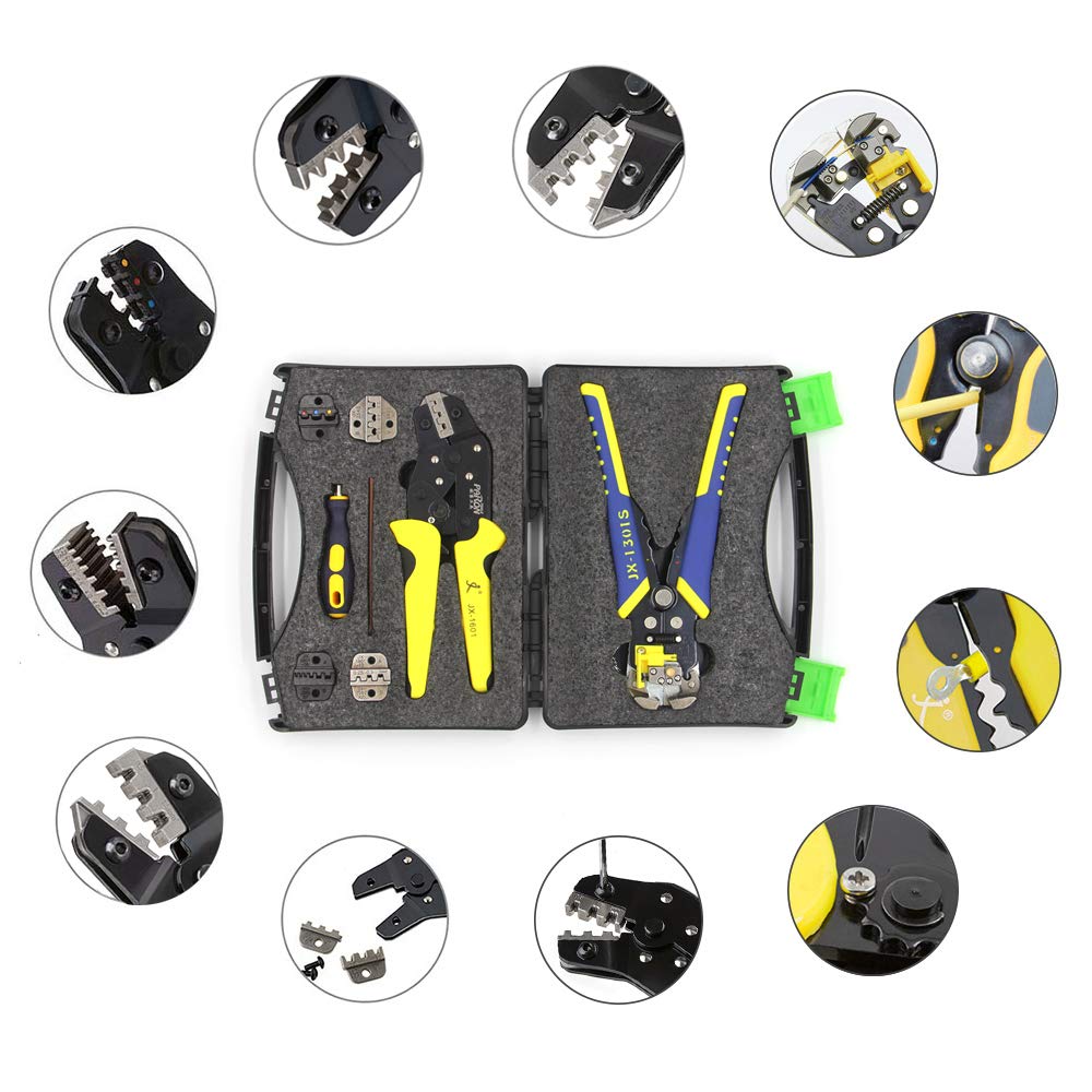 Crimpadora Terminales Alicates y Alicate Pelacables,Geevorks Kit de Alicates para Crimpadora con 5 Terminales Intercambiables + Screwdiver + Caja de Herramientas,para Terminales