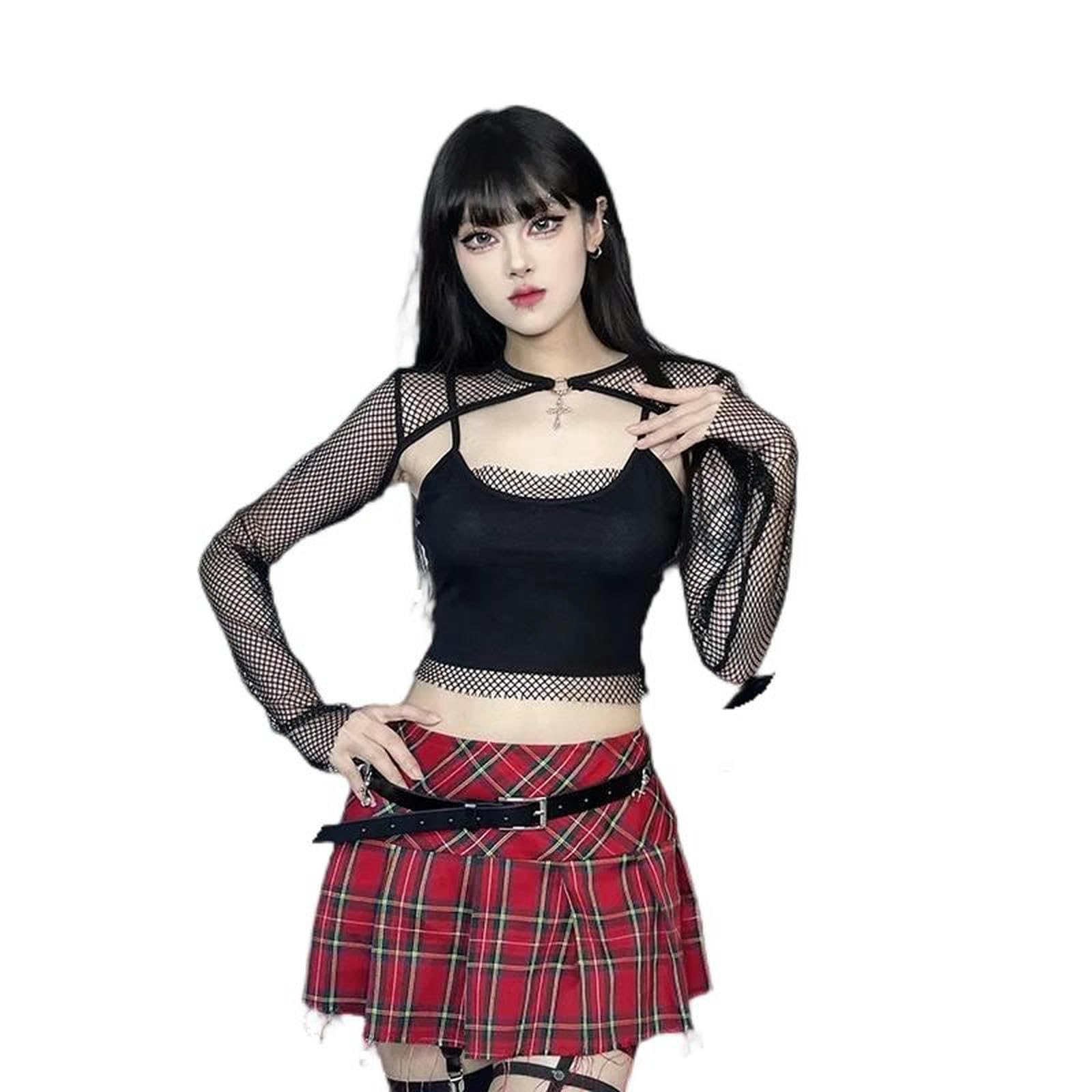 Gothic Hollow out Fishnet Sling Cross Set Women Long Sleeve See Through Crop Tops T-Shirt Y2K tee Top Blouse-Black-L