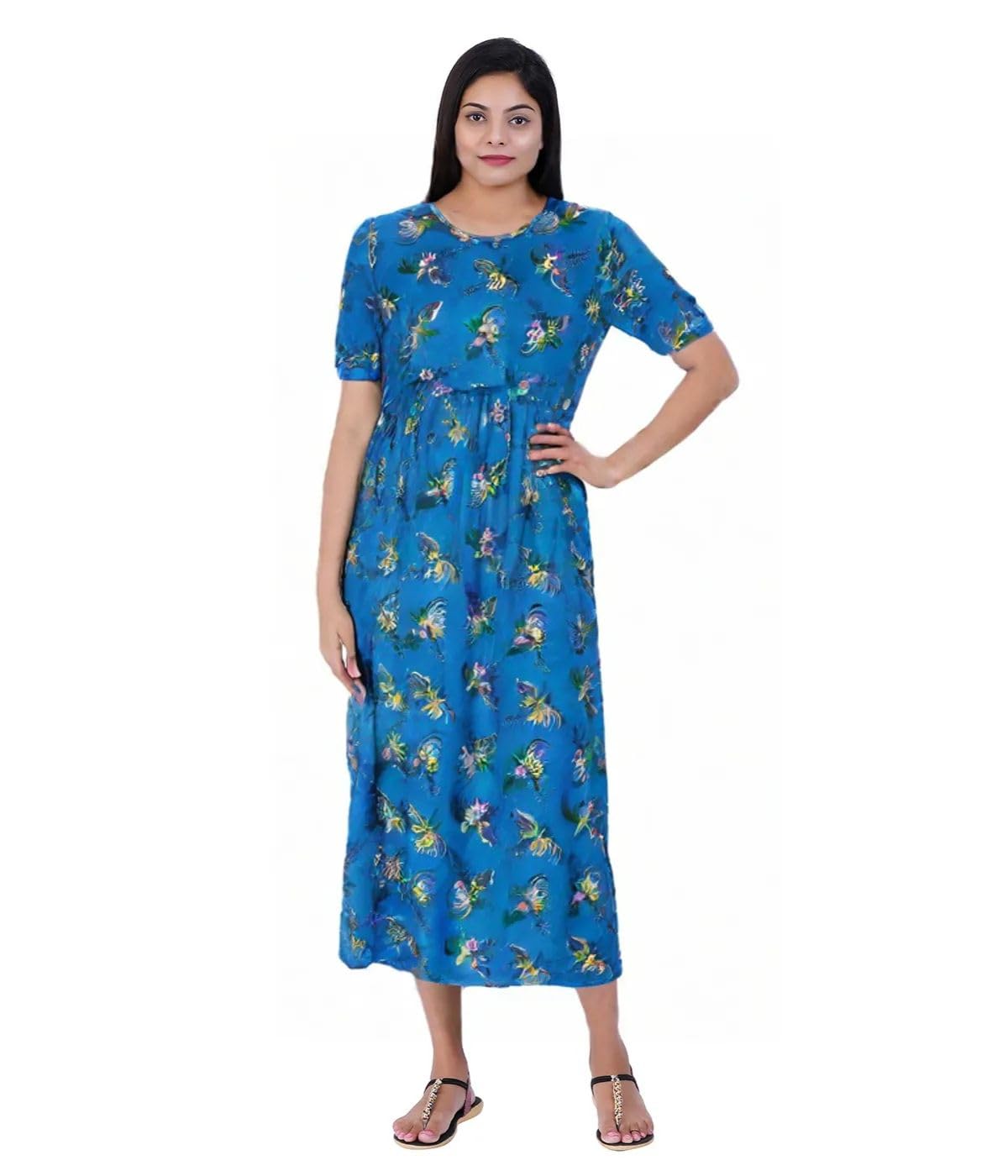 Women's Floral Print Maternity Feeding Nightgown, Light Blue with Butterfly Pattern, Short Sleeve Maxi Dress, Nursing Friendly Nighty, Round Neck, Polyester-image-5