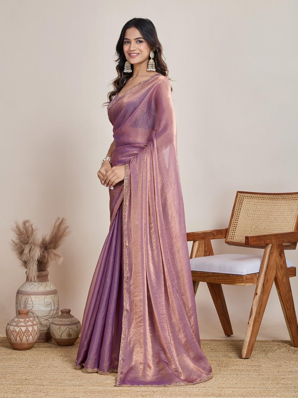 LOROFY Womens New Bollywood Party Fancy Soft Tissue Silk Embelished Lace Work Saree With Blouse Fandy Chiffon Zimmy Choo Saree - Image 4 thumbnail