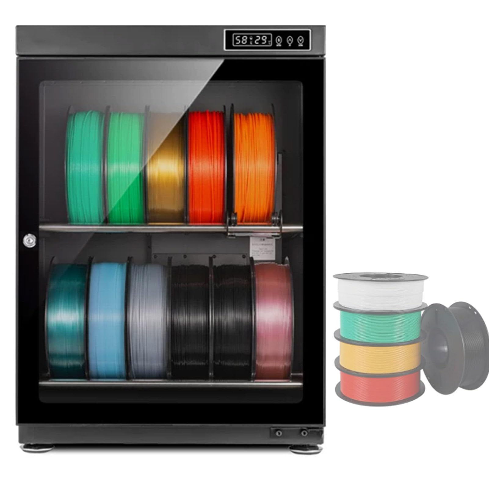 Oiyekntd 3D Printer Filament Dryer Box, Printer Filament Storage Box Dry Cabinet w/Humidity Control (RH15% - RH60%), Filament Dehydrator for PLA, ABS, Holds Up to 10-12/15-21 Rolls 70L
