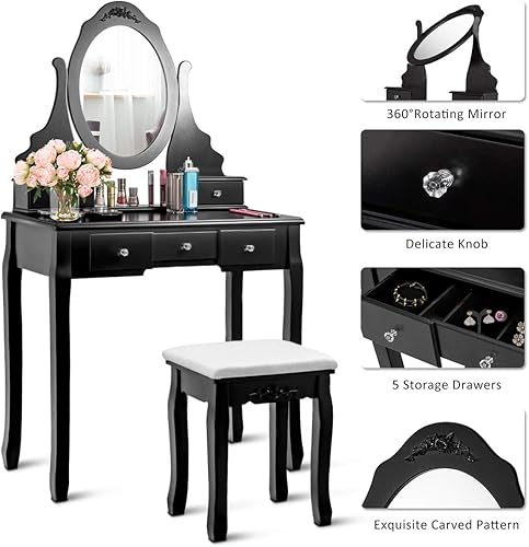 Miniatura 5 de Giantex Juego de tocador con espejo ovalado y taburete acolchado, tocador de maquillaje, gran almacenamiento con 5 cajones, tocador de dormitorio