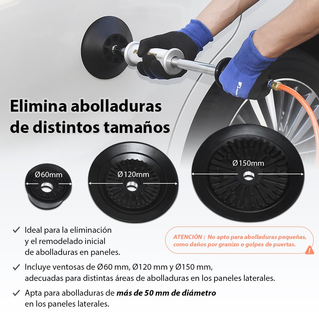 FIRSTINFO Extractor Neumático de Abolladuras Carrocería 3 Ventosas | Kit completo 20 pestañas+pegamento, válvula latón, 70-170 PSI, ideal granizo y bollos puerta, garantía 12 meses A1501EUY1