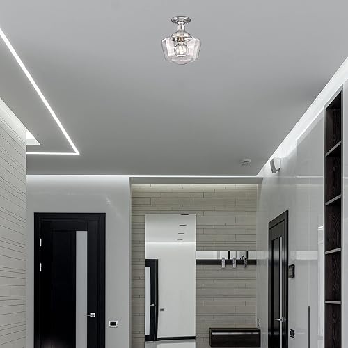 Miniatura 2 de Schoolhouse Style - Lámpara de techo semiempotrada para interiores de 9 pulgadas, con acabado de níquel cepillado y vidrio transparente