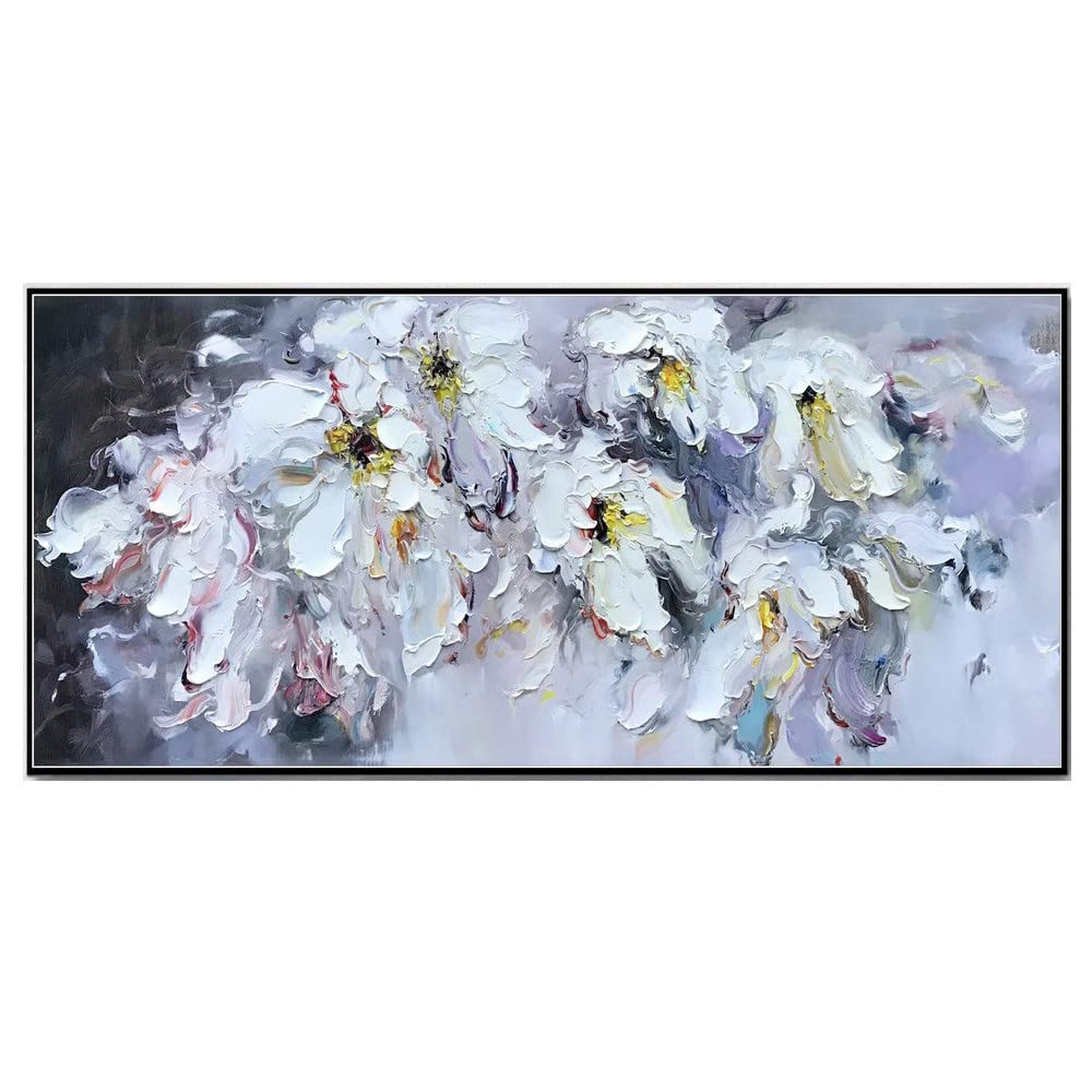 LCDIUDIU Painting, White Texture Abstract Peony Flower Modern Artwork Frameless Hand Oil Paintings On Canvas Wall Art For Living Room Bedroom Office Home Decor,150X300Cm(60X120Inch)