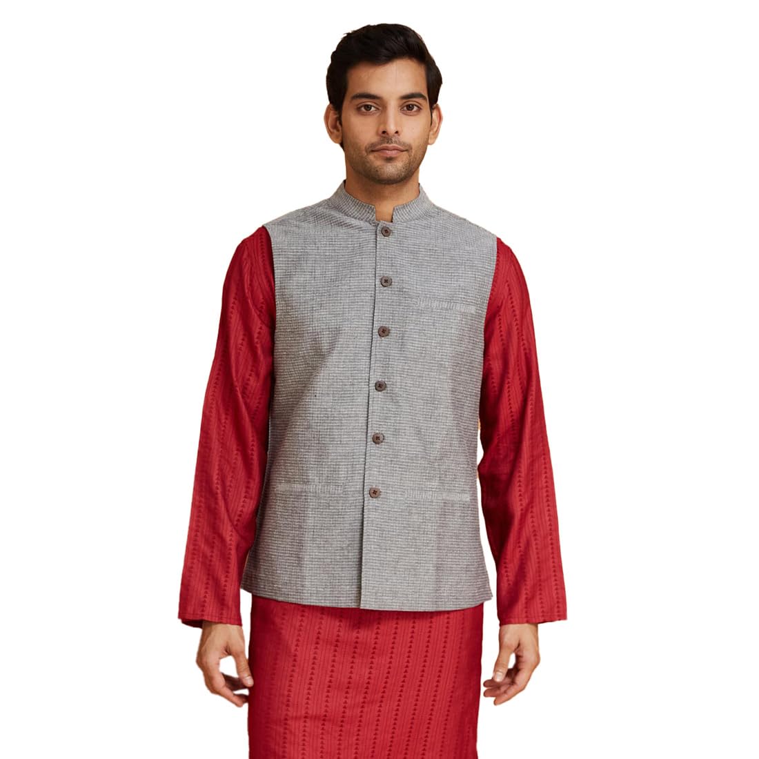 Men Cotton Grey Dobby Mandarin Neck Regular Fit Nehru Jacket-image-1